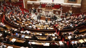 A general view shows the hemicycle as deputies attend the question to the government session at the National Assembly in Paris