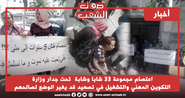 اعتصام مجموعة 33 شابا وشابة  تحت جدار وزارة  التكوين المهني والتشغيل في تصعيد قد يغير الوضع لصالحهم